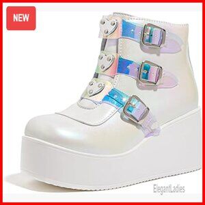 Platform Ankle Boots Chunky Heel Wedge Zipper Buckle Goth Booties